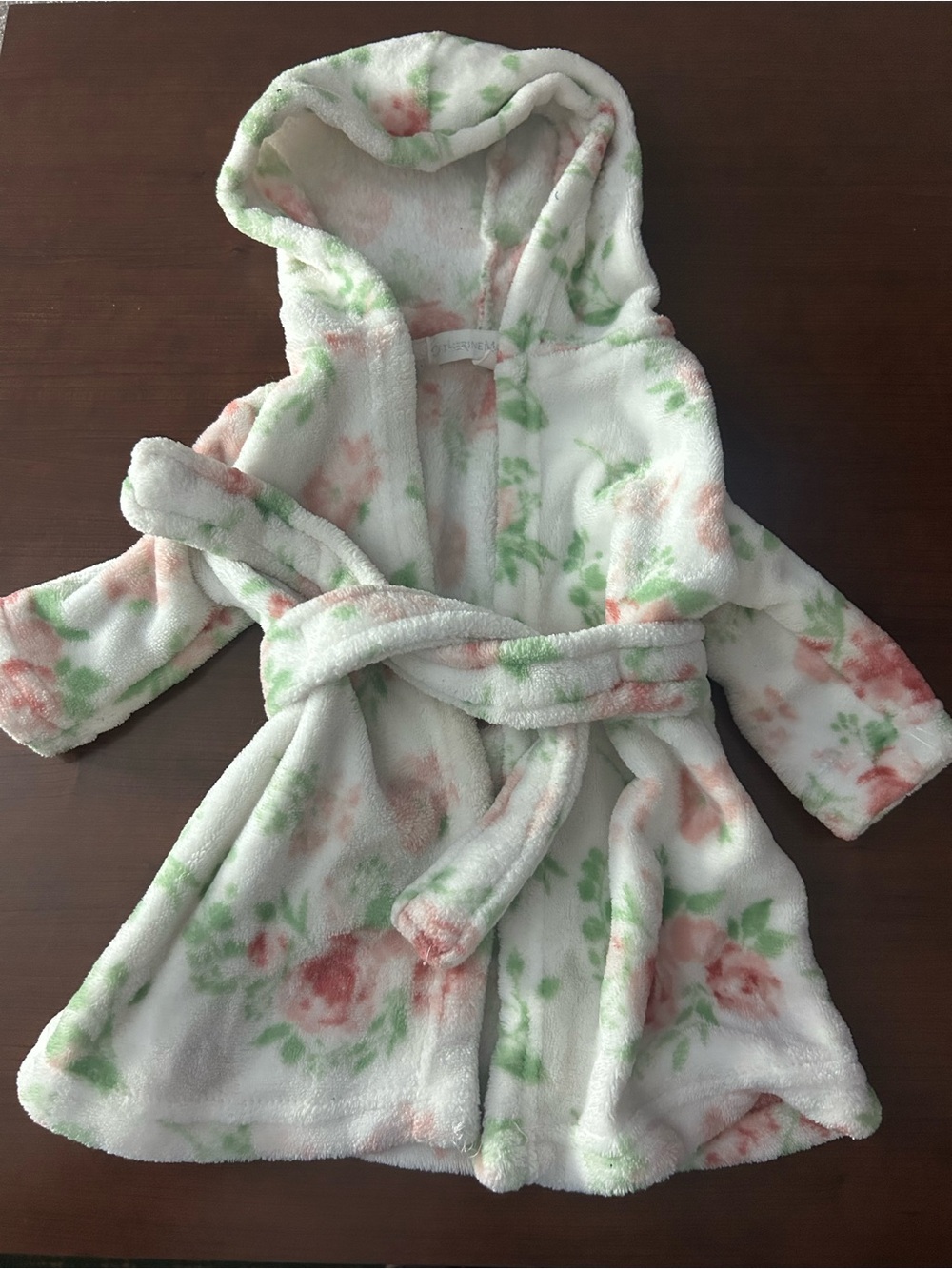 Catherine Malandrino Plush Hooded Kids Robe in White with Pink & Green Floral